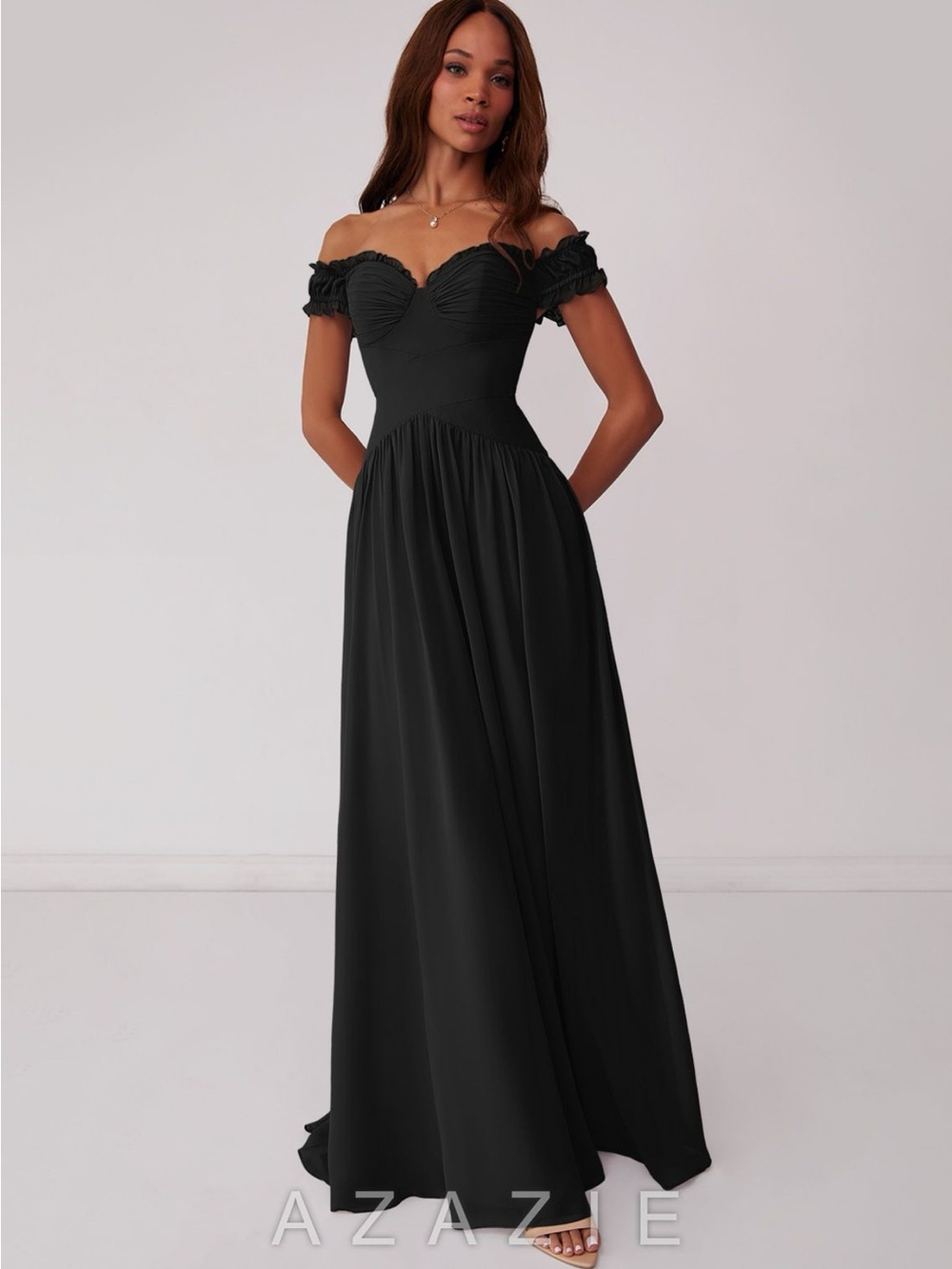 Azazie Black One-Shoulder Off-the-Shoulder Evening Dress